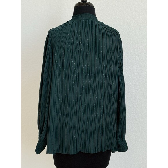 Chico’s Women’s 12 Emerald Green Shimmery Dot Chiffon V-Neck Blouse Long Sleeve - Picture 5 of 10
